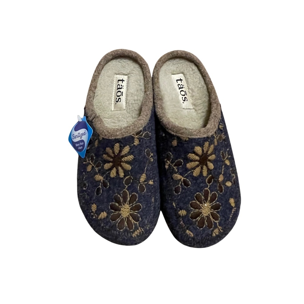 Taos Woollery Navy Blue Floral Embroidered Wool Clogs Mules Spain Womens 36‎ I11